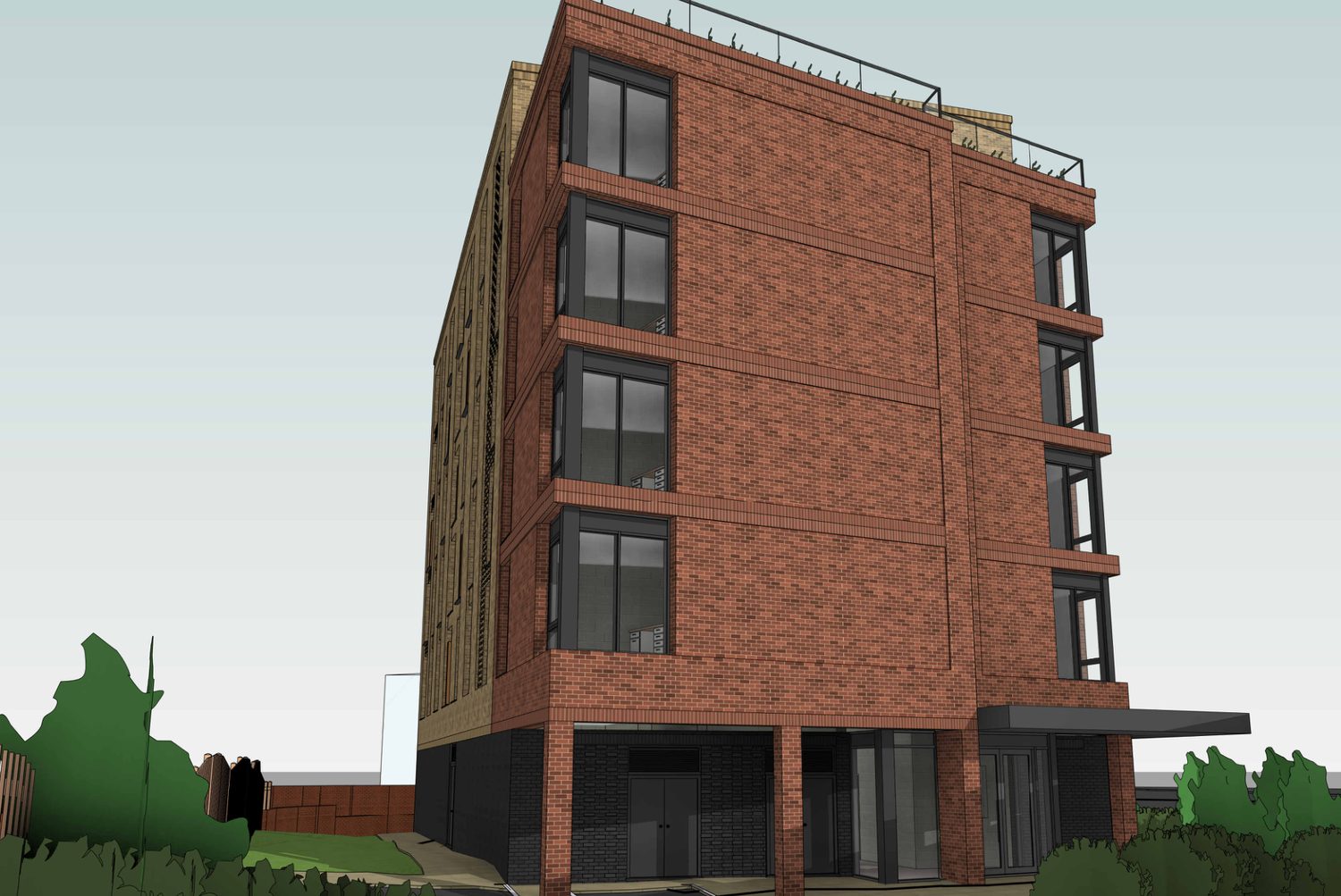 CGI of the proposed pedestrian entrance to Cross Stamford, with full-height glazing at ground floor.