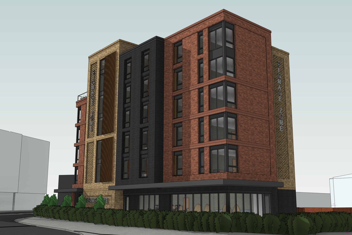 CGI of Cross Stamford viewed from Cross Stamford Street showing the corner massing and brick detailing.
