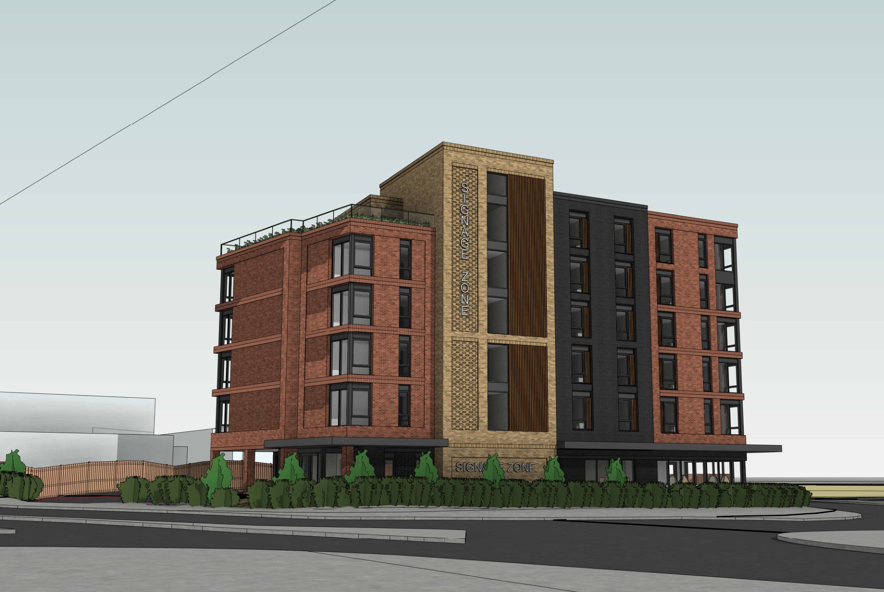 CGI of the proposed Cross Stamford development viewed from Regent Street, Leeds — a six-storey corner building in red, buff and grey brick.