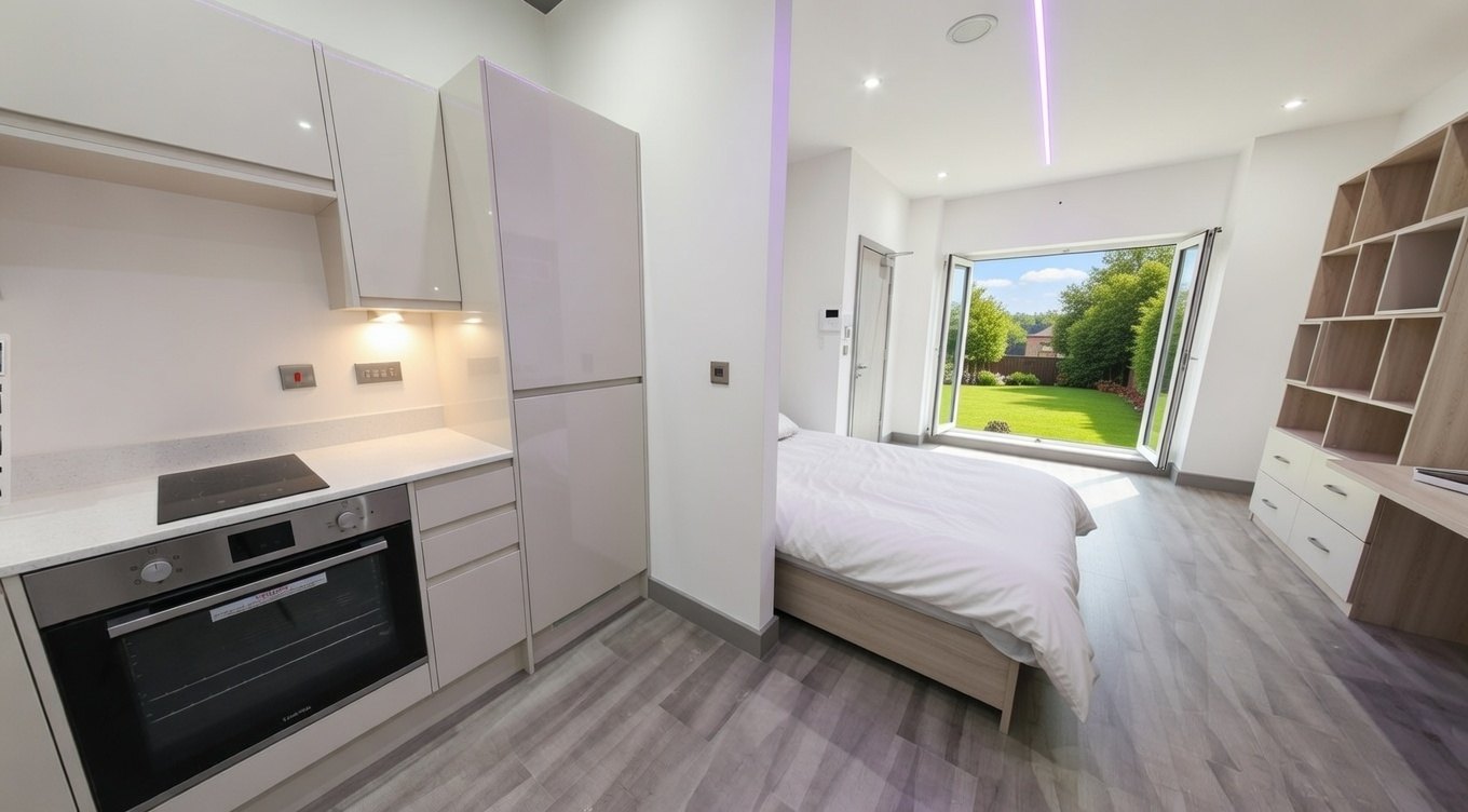 Interior of a completed self-contained studio — kitchen, double bed and study with full-height glazing to a garden outlook.